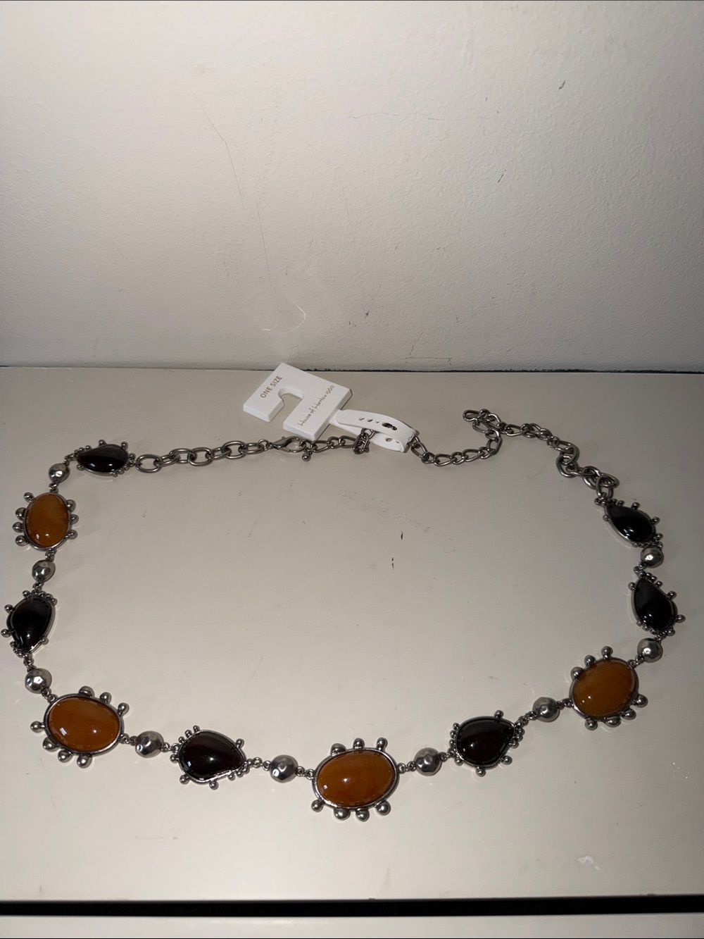 House of Harlow 1960 Silver‎ Tone with Amber and Black Stones Belt.